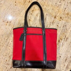 RARE Vintage Coach Red Canvas & Black Leather Tote Bag #6184